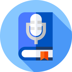 livro áudio azul com microfone branco