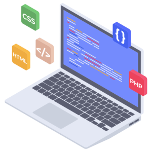 un portátil con varios bloques con lenguajes de codificación a su alrededor