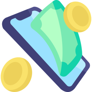 smartphone avec de l'argent liquide et des pièces de monnaie qui en sortent