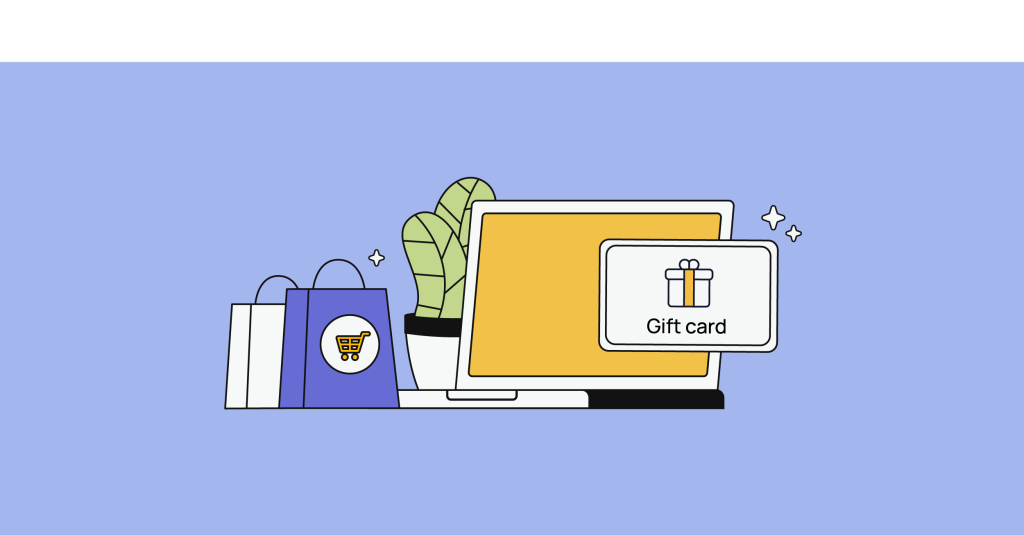 laptop, shopping bags, gift card