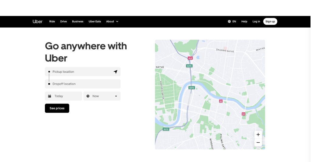 la page d'accueil d'uber