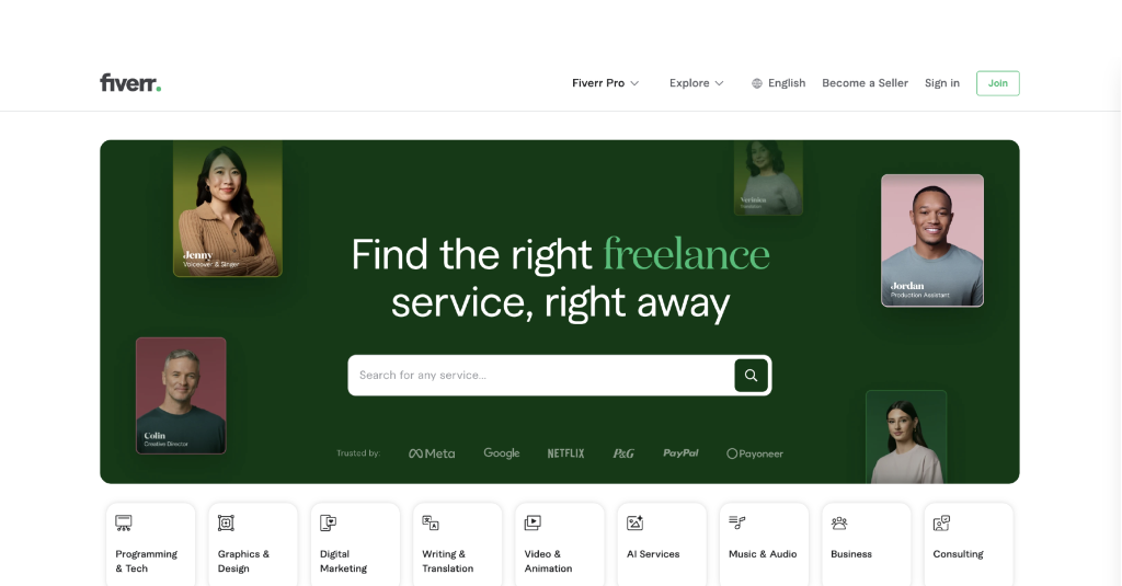 la page d'accueil de fiverr