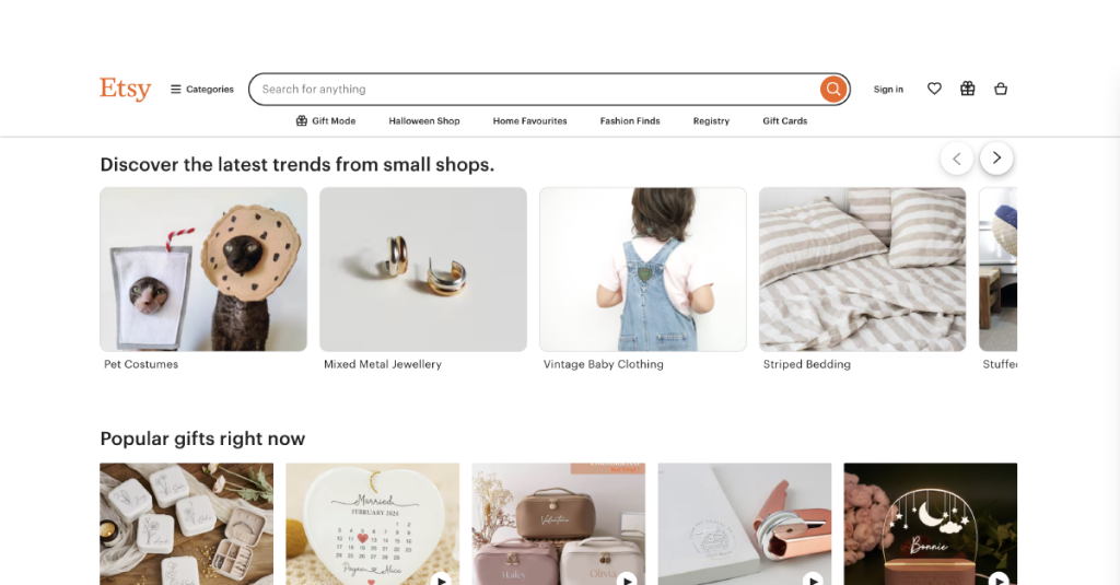 la page d'accueil d'etsy