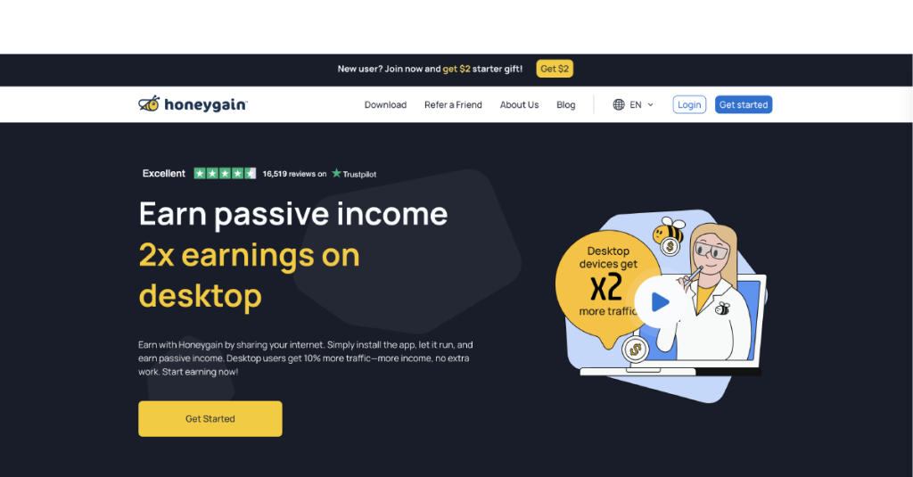 la page d'accueil de honeygain