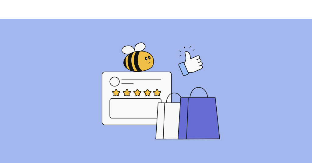 shopping bags and thumbs up and a bee in the background