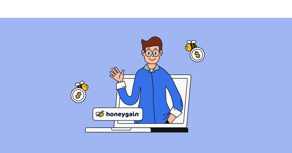 jeune homme debout devant l'écran de l'ordinateur portable avec le logo honeygain