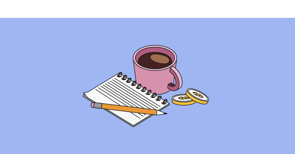 xícara de café, moedas e um caderno com um lápis