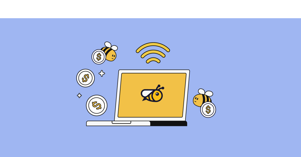 laptop with bees flying around with coins
