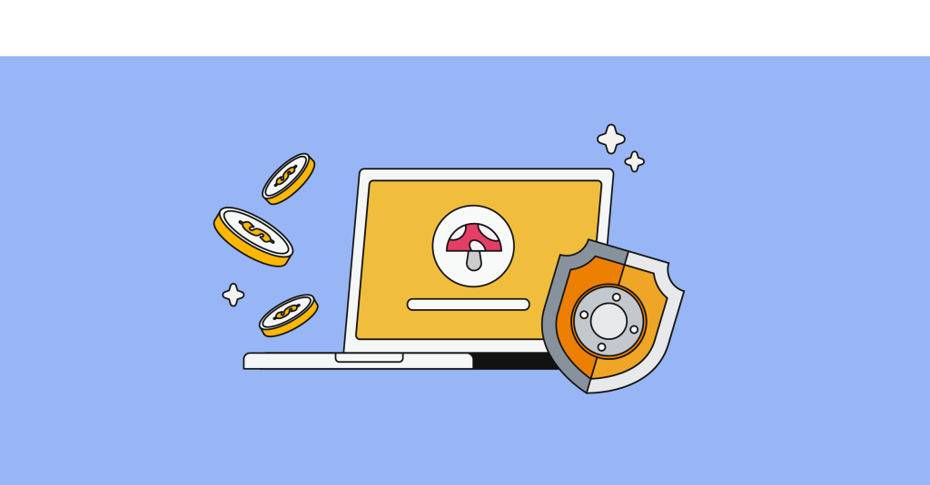 laptop, coins and a shield