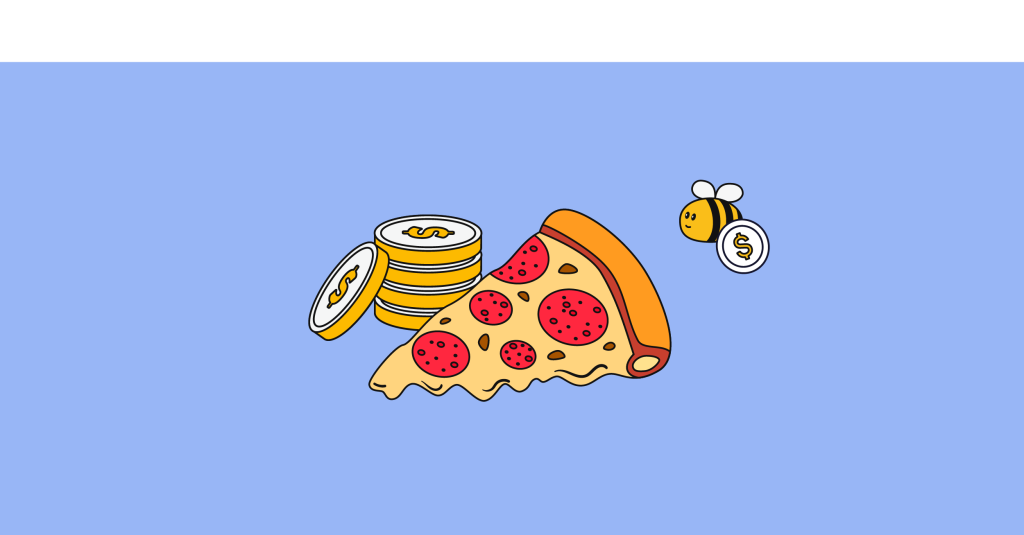 pizza, coins and a bee