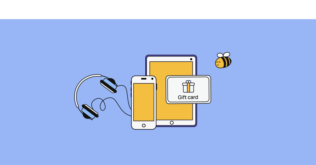 fones de ouvido, telefone, cartão-presente e uma abelha